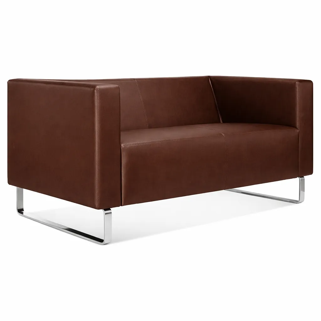 Sofá Para Recepção Genialle 2 Lugares | Pés Alumínio - Couro Ecológico - Diversas Cores