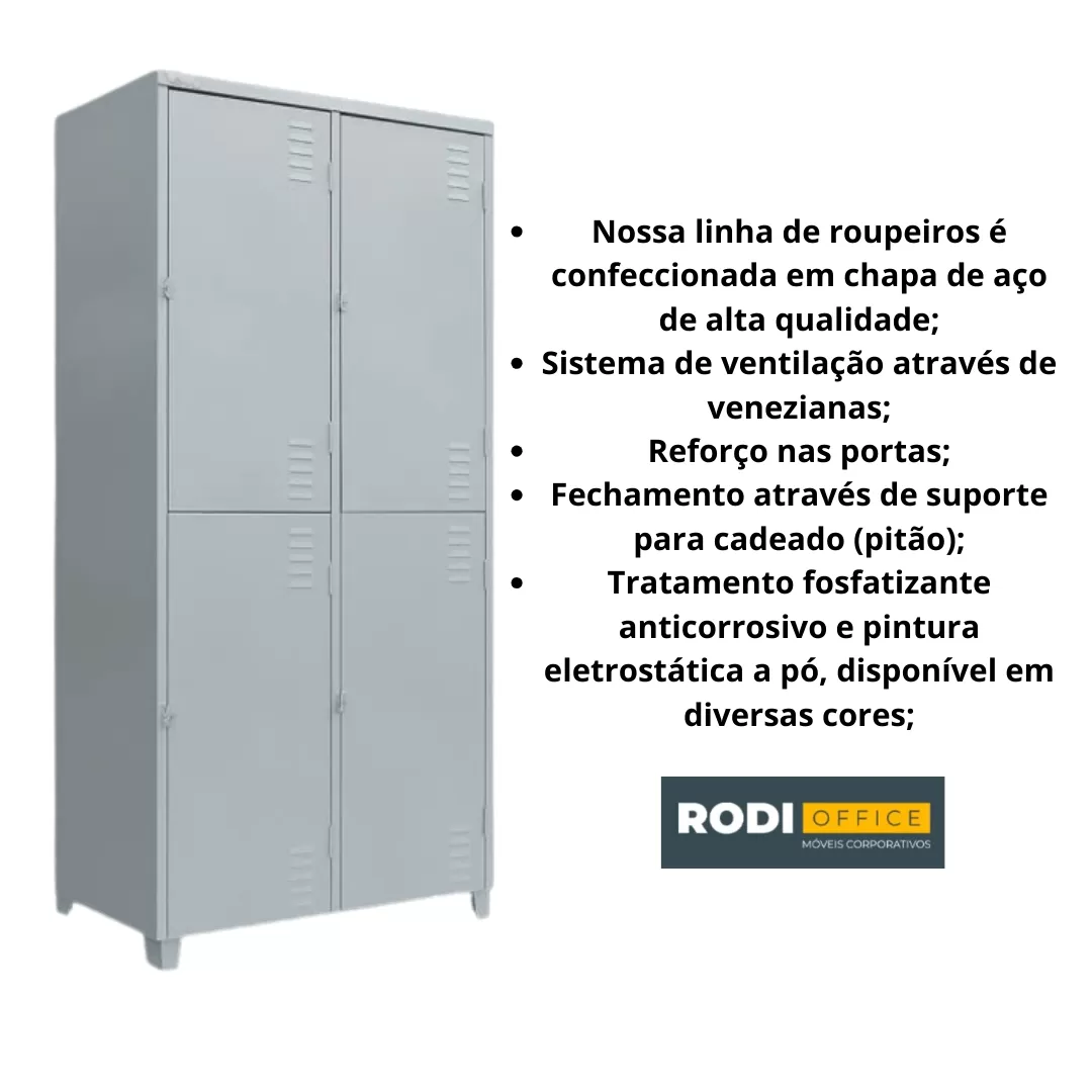 Roupeiro De Aço 04 Portas Chapa 26 - 1,98 X 1,00 X 0,42 - GRP-4 Insalubre Com Sapateira NR 24