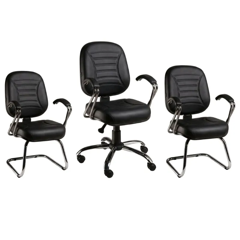 Kit Escritório Genebra - Cadeira Diretor Giratória + 2 Cadeiras Fixas cromadas