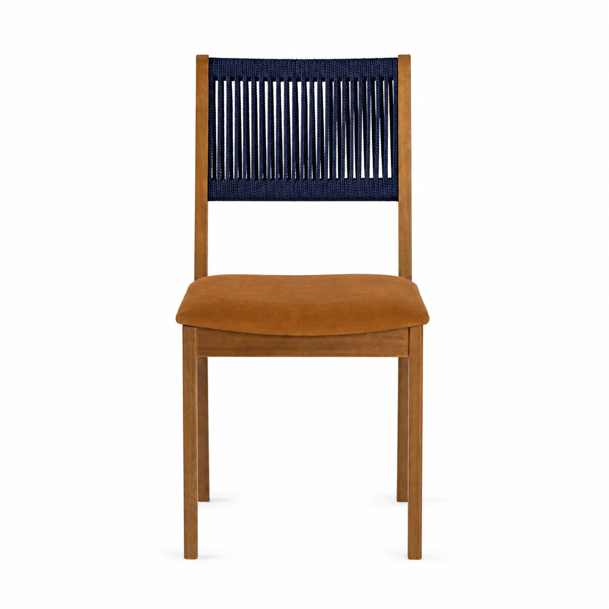 Cadeira de Jantar Tune - Encosto Corda Náutica Azul Marinho - Assento Caramelo