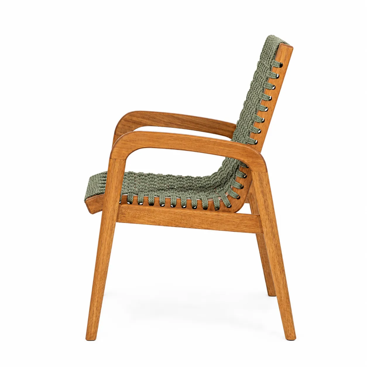 Cadeira Traço com Braço em Madeira Natural e Corda Náutica Verde Oliva - Design Moderno