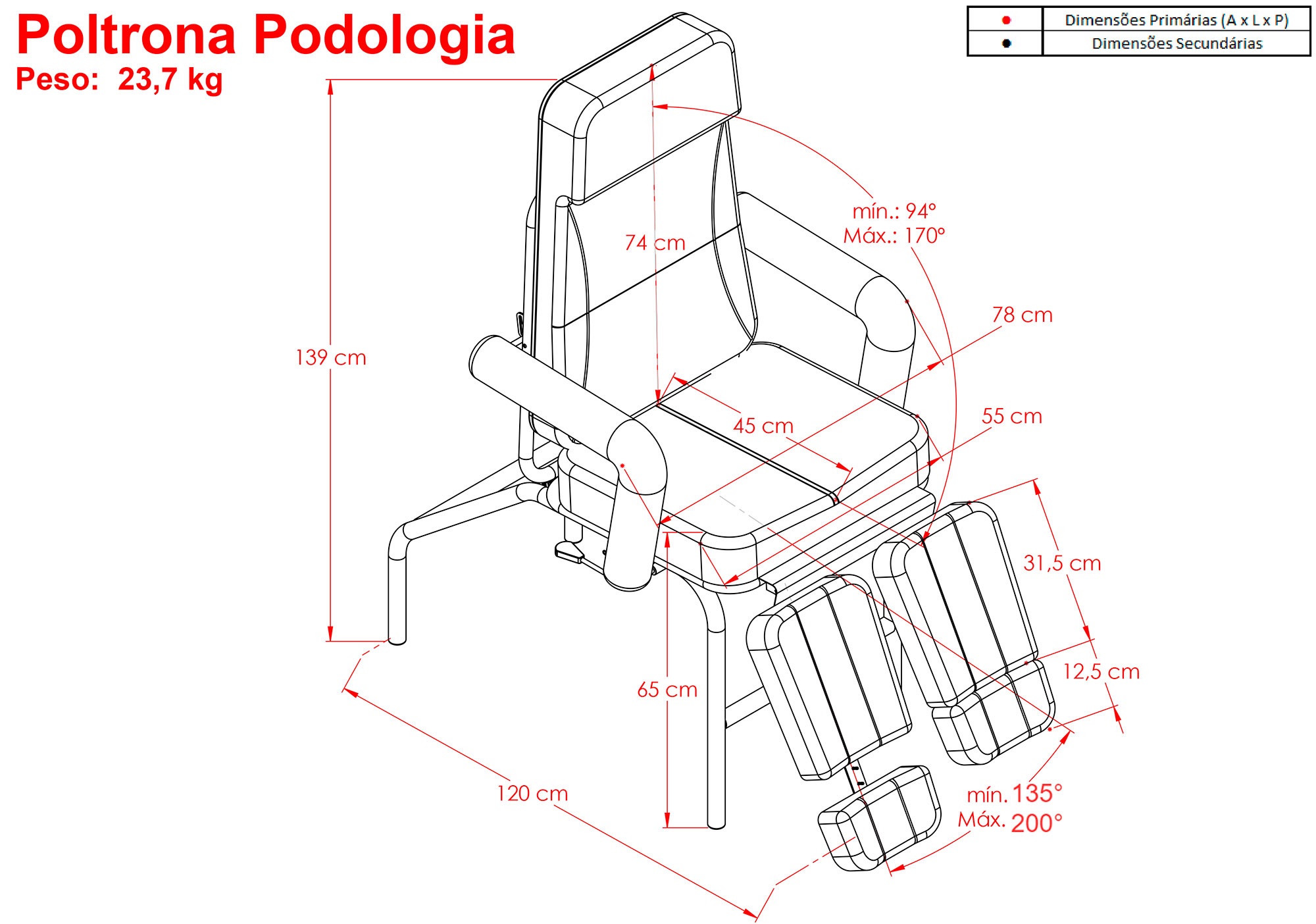 Cadeira de Podologia Articulada - Base Fixa