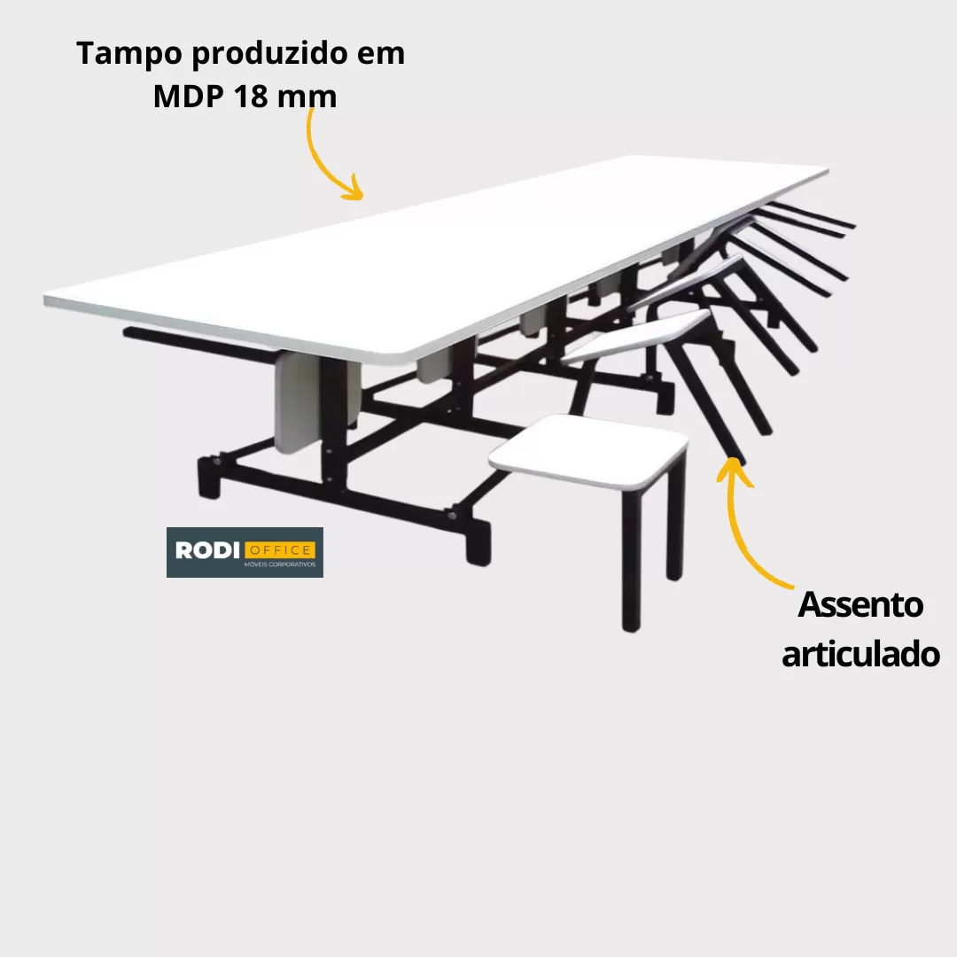 Mesa Para Refeitório Industrial 6 Lugares MDP 18 Mm - Assento Escamoteável