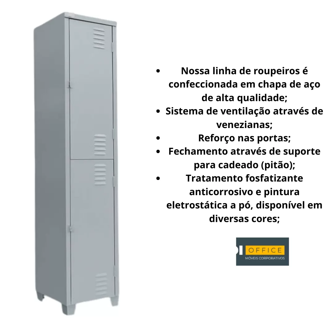 Roupeiro De Aço 02 Portas Chapa 26 Pitão P/ Cadeado - 1,98 X 0,32 X 0,40 - GRP-02