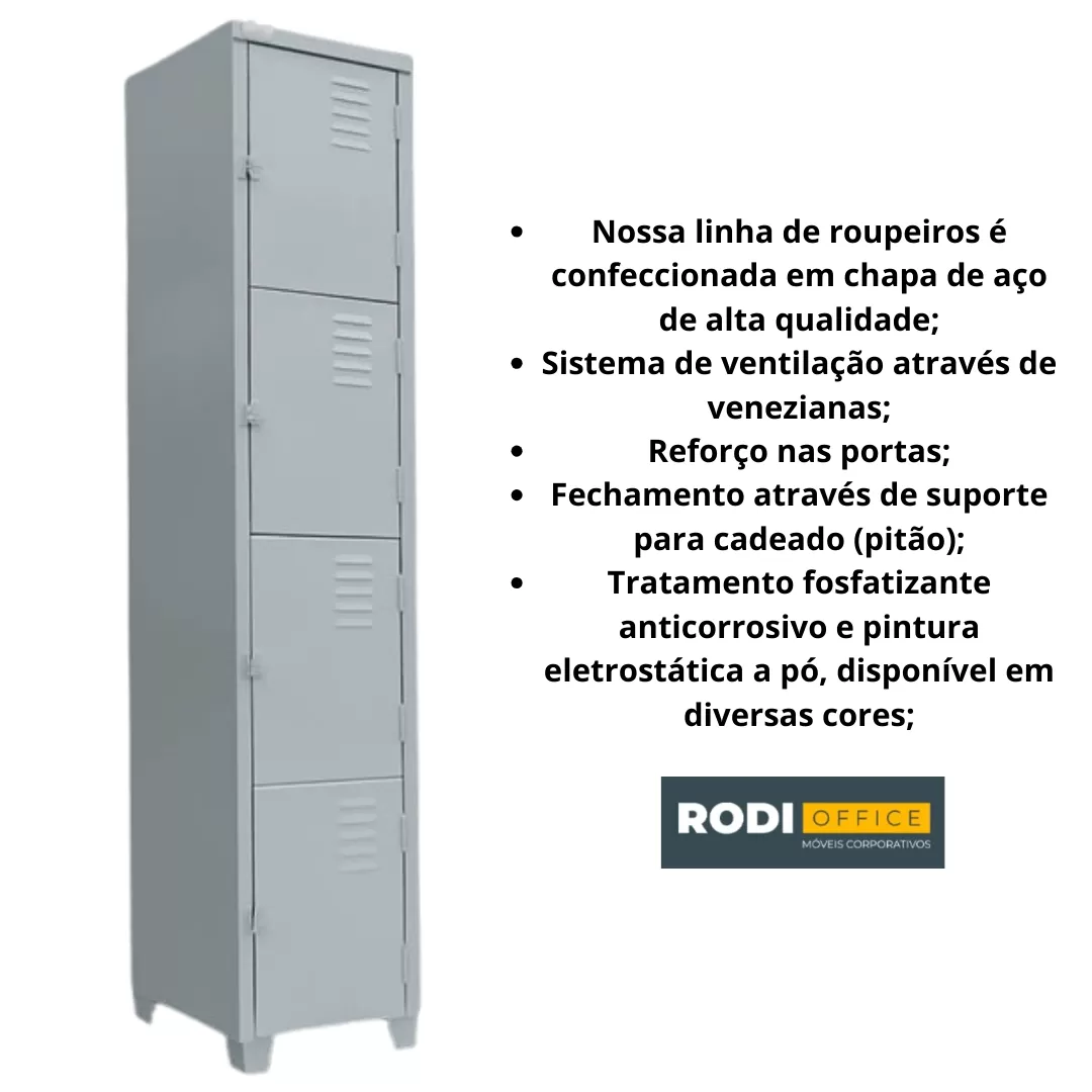 Roupeiro De Aço 04 Portas Chapa 26 Pitão P/ Cadeado - 1,98 X 0,32 X 0,40 - GRP-2/4