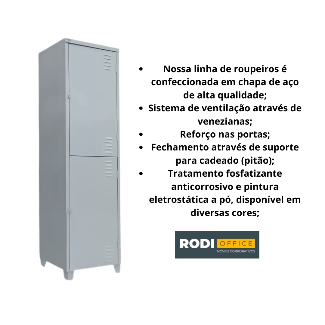 Roupeiro De Aço 02 Portas Chapa 26 - 1,98 X 0,50 X 0,42 - GRP-2 Insalubre com sapateira NR 24