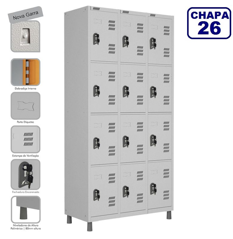  Locker Roupeiro De Aço Premium 12 Portas Cinza Cristal - Fechadura 