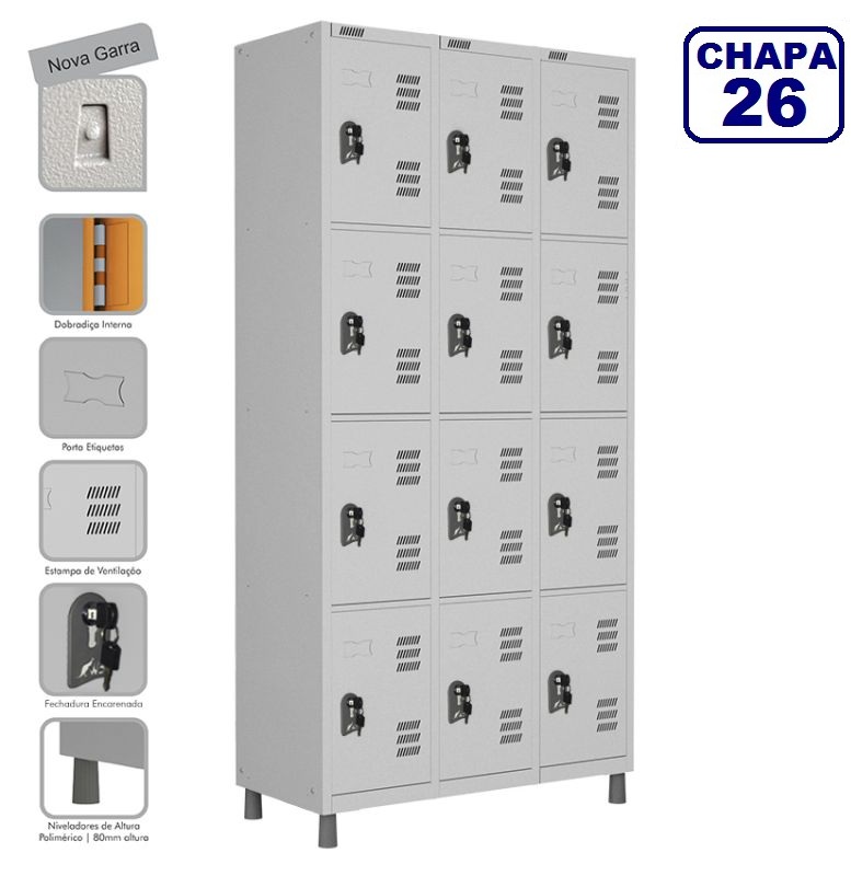  Locker Roupeiro de Aço Premium 12 Portas Cinza Cristal - Fechadura 