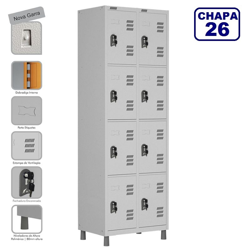  Locker Roupeiro De Aço Premium 8 Portas Cinza Cristal - Fechadura