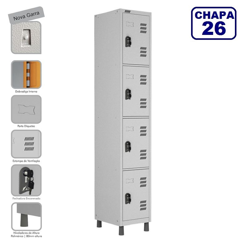  Locker Roupeiro De Aço Premium 4 Portas Cinza Cristal - Fechadura