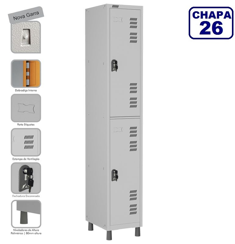  Locker Roupeiro De Aço Premium 2 Portas Grandes Cinza Cristal - Fechadura