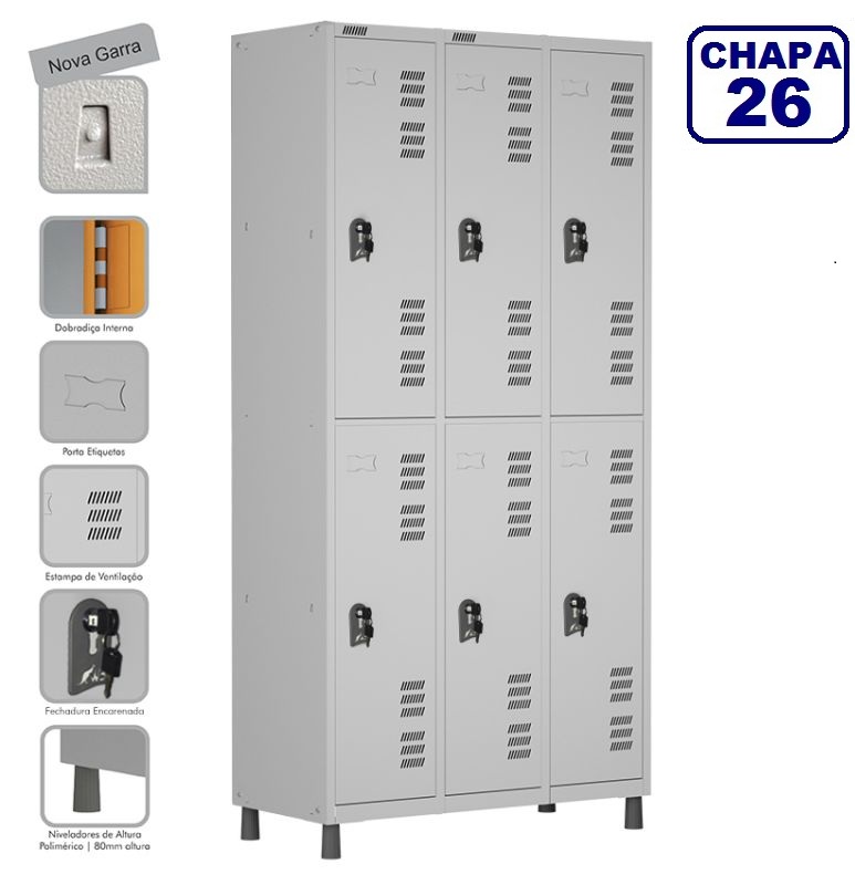  Locker Roupeiro De Aço Premium 6 Portas Grandes Cinza Cristal - Fechadura