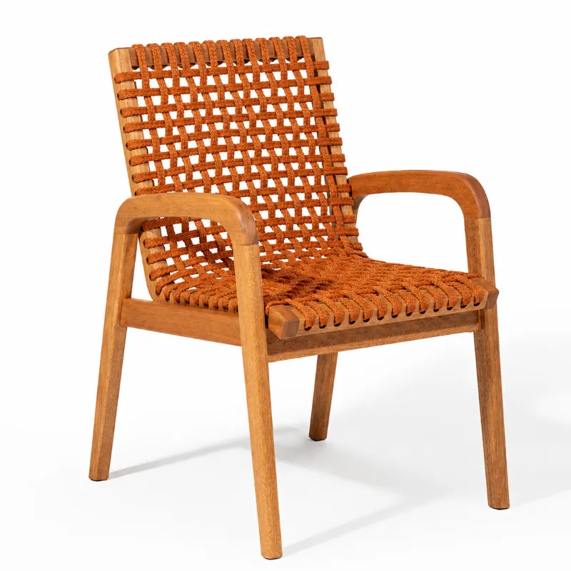 Cadeira Traço Com Braço Em Madeira Natural E Corda Náutica Cor Terracota - Design Moderno