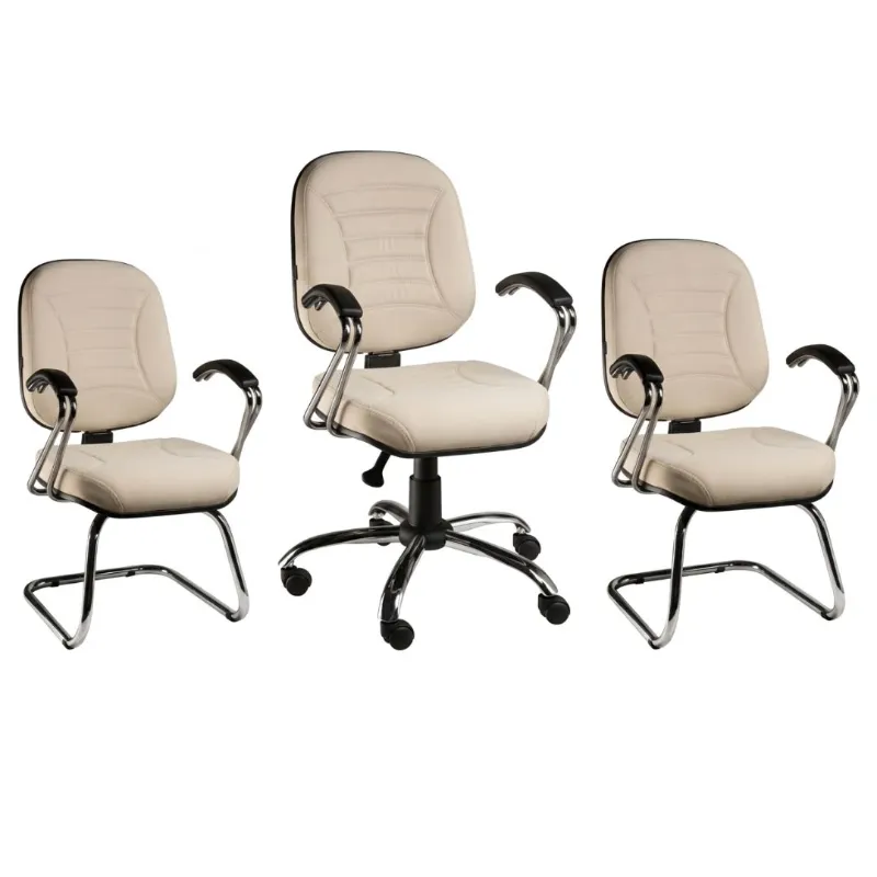 Kit Escritório Genebra - Cadeira Diretor Giratória + 2 Cadeiras Fixas Cromadas