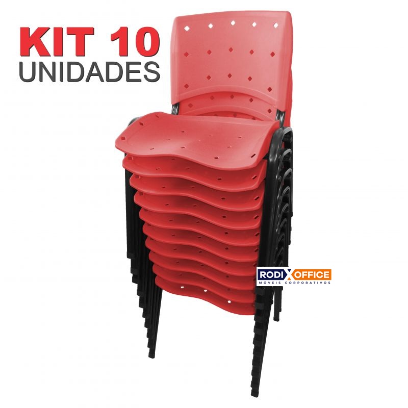  KIT 10 Unidades Cadeiras Empilhável ERGOPLAX Estrutura Preta - VERMELHA * PROMOÇÃO 