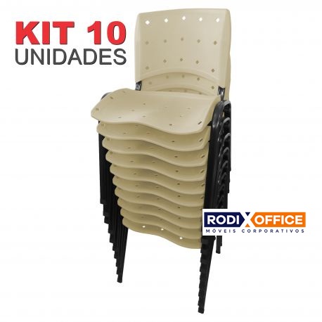  KIT 10 Unidades Cadeiras Empilhável ERGOPLAX Estrutura Preta - BEGE * PROMOÇÃO 