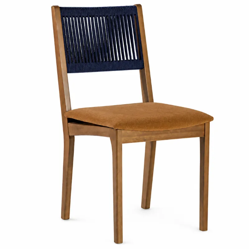 Cadeira De Jantar Tune - Encosto Corda Náutica Azul Marinho - Assento Caramelo