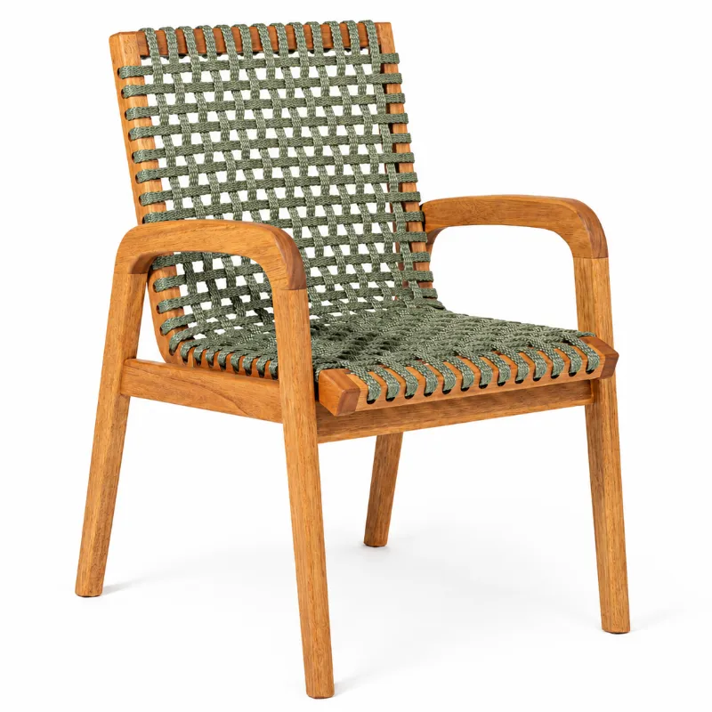 Cadeira Traço Com Braço Em Madeira Natural E Corda Náutica Verde Oliva - Design Moderno