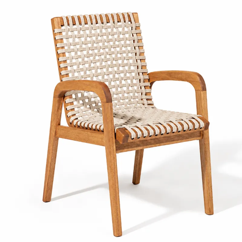 Cadeira Traço Com Braço Em Madeira Natural E Corda Náutica Cor Areia - Design Moderno