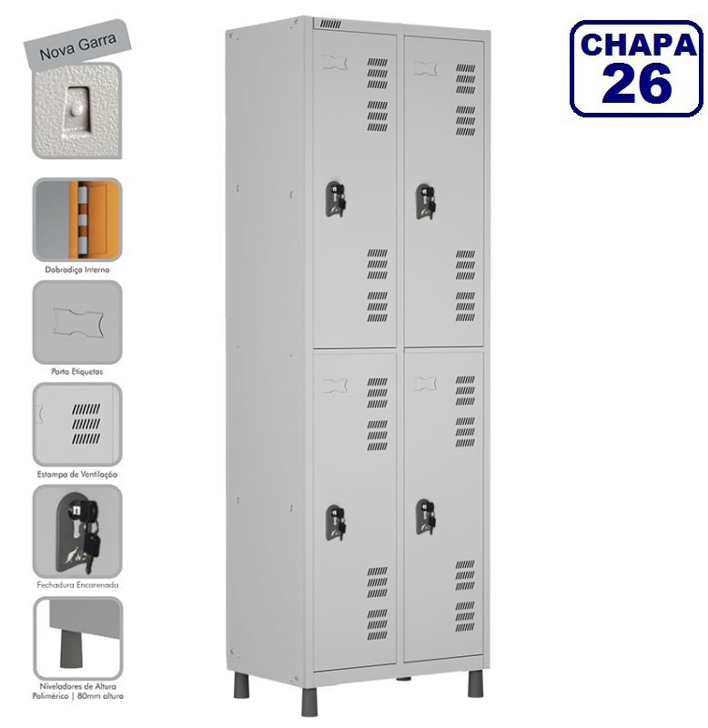  Locker Roupeiro De Aço Premium 4 Portas grandes Cinza Cristal - Fechadura