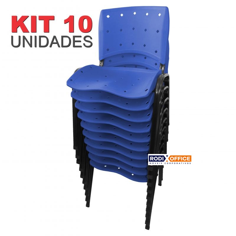  KIT 10 Unidades Cadeiras Empilhável ERGOPLAX Estrutura Preta - AZUL * PROMOÇÃO