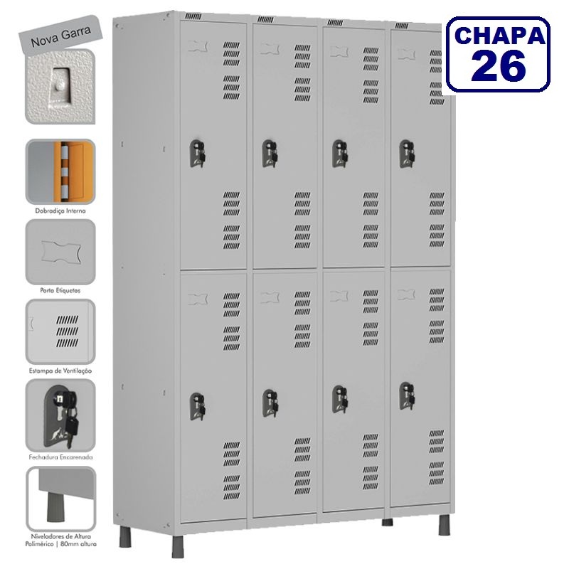  Locker Roupeiro De Aço Premium 8 Portas Grandes Cinza Cristal - Fechadura