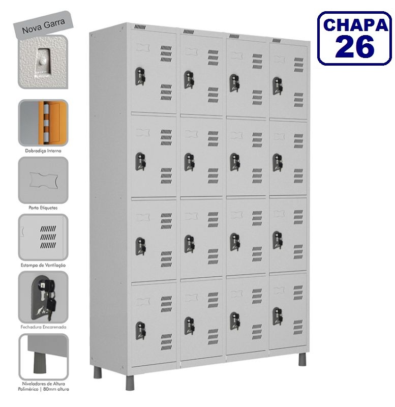  Locker Roupeiro De Aço Premium 16 Portas Cinza Cristal - Fechadura